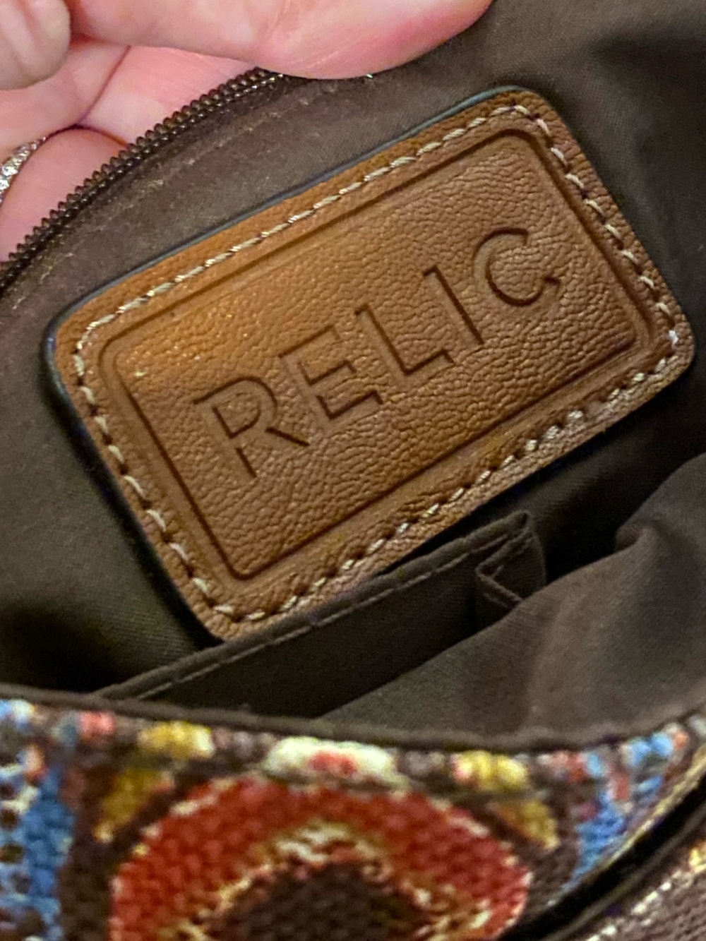 Relic by Fossil brown peacock feather leather crossbody adjustable canvas bag - Picture 5 of 10